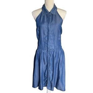 Signature Studio Women’s Halter Neck Button Front Dress Size L Chambray Blue